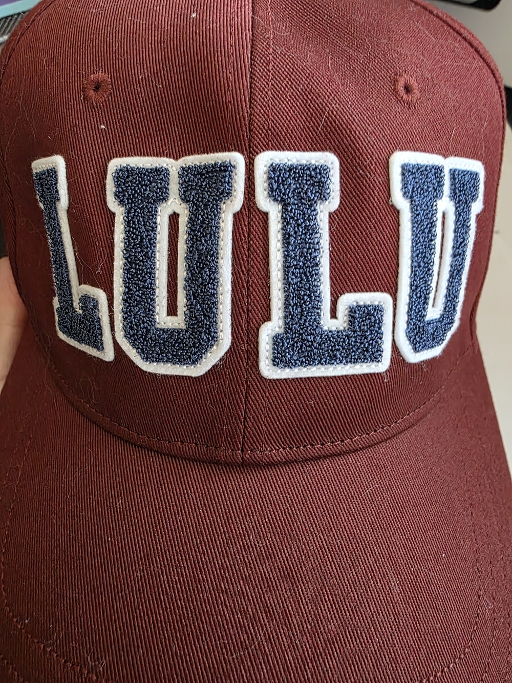Maroon 'LULU' Baseball Cap with Navy Chenille Letters